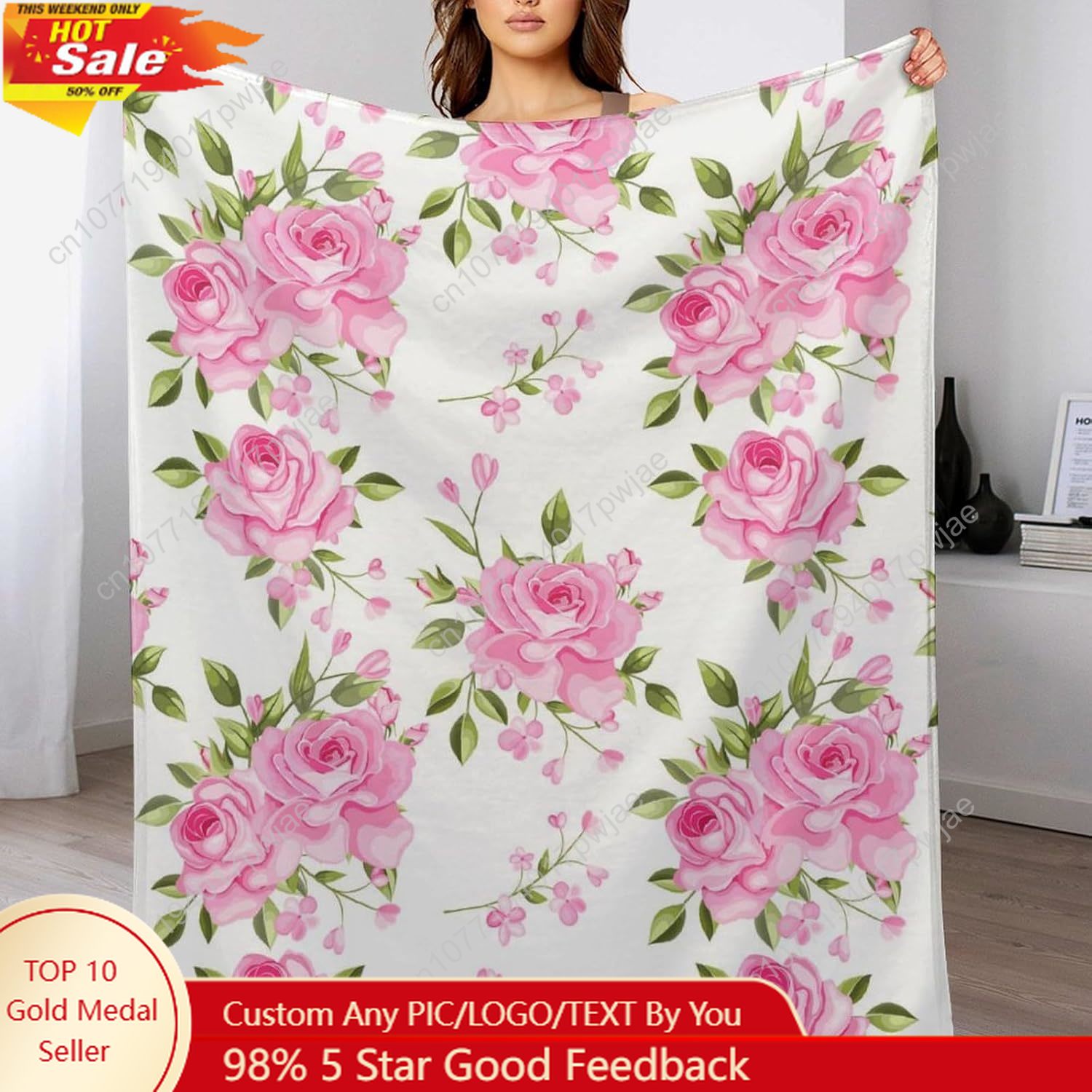 Home Textiles And Decor - Pembe Çiçekli Battaniye Çiçek Desenli Dekoratif